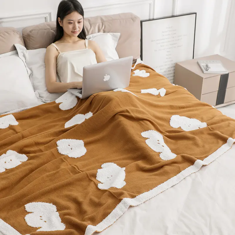 Puppy Double-Sided Half Flannel Blanket Napping Knitted Towel Sofa Cover Blanket for Office Home Skin-Friendly Breathable Quilt