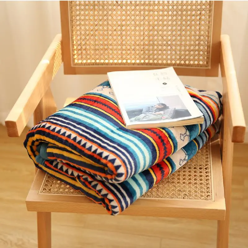 Bohemian Double-Layer Winter Blanket, Thickened Warm Coral Fleece Blanket, Sofa Nap Blanket