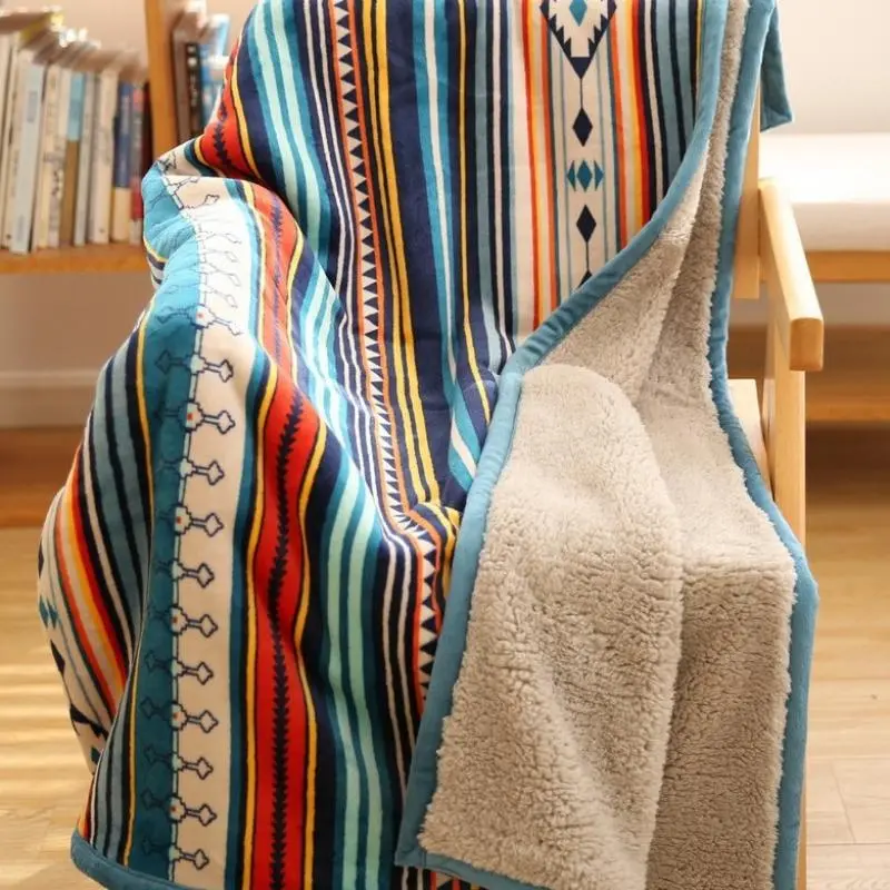 Bohemian Double-Layer Winter Blanket, Thickened Warm Coral Fleece Blanket, Sofa Nap Blanket