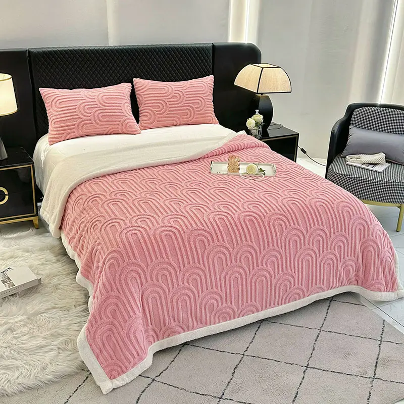 Double Layered Flannel Arch Jacquard Plush Blanket Warm Thick Coral Fleece Winter Quilt Sleeping Naked Skin-Friendly Sofa Cover
