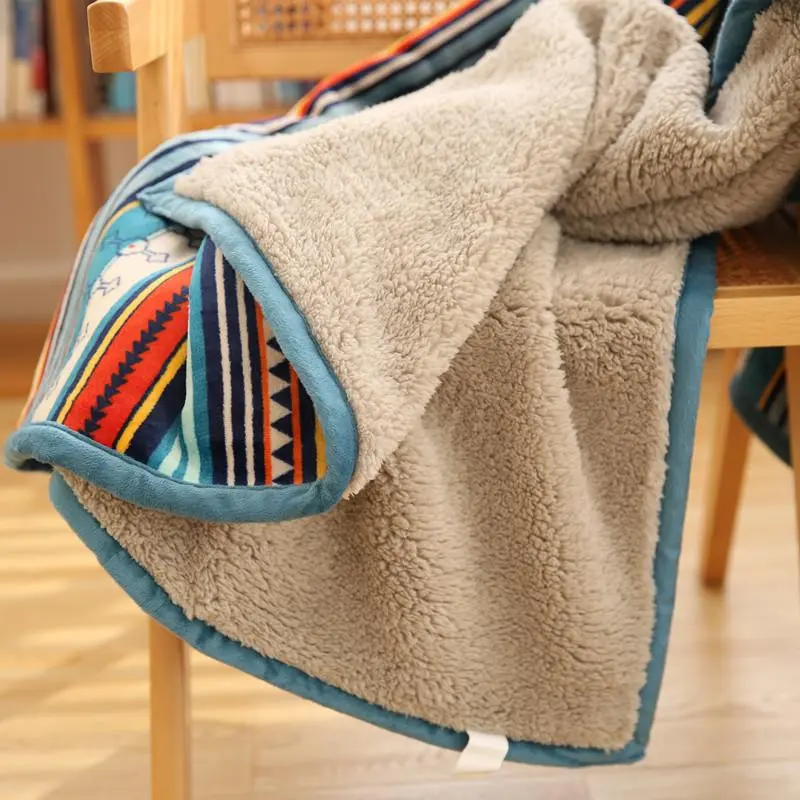 Bohemian Double-Layer Winter Blanket, Thickened Warm Coral Fleece Blanket, Sofa Nap Blanket