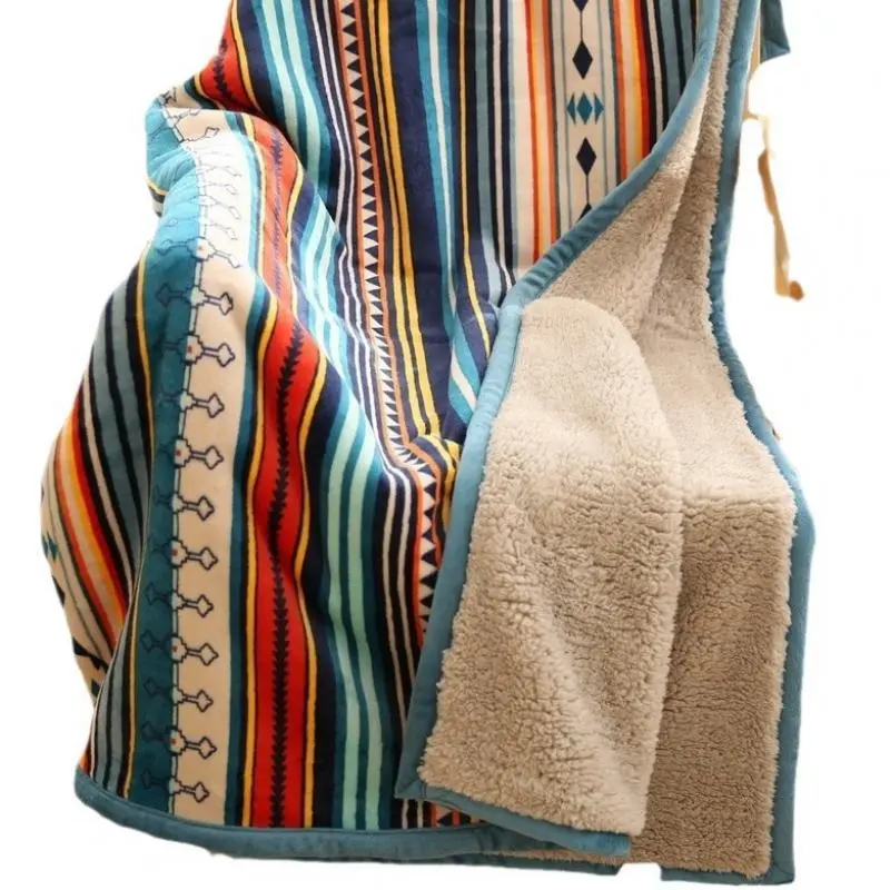 Bohemian Double-Layer Winter Blanket, Thickened Warm Coral Fleece Blanket, Sofa Nap Blanket