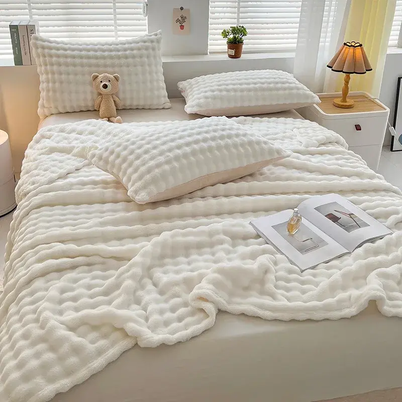 Solid Thickened Bubble Velvet Blanket Super Soft Cozy Flannel Sofa Cover Blanket Single Double Office Nap Air Conditioning Shawl