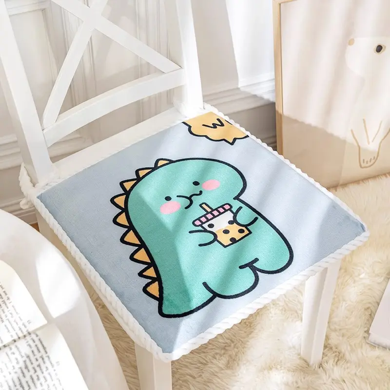 Cartoon Milk Velvet Autumn Winter Chair Cushion with Strap Soft Cozy Warmth Office Chair Cushions Non-slip Thicken Seat Cushion