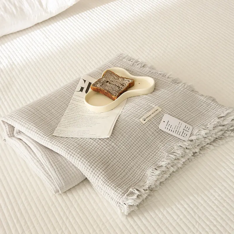 Simple Four Layer Gauze Tassel Blanket, Thin Summer Office Cover Blanket, Single and Double Full Cotton Blanket