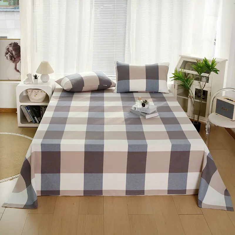 1pcs Simple Style Bed Sheet Machine Washable 100% Cotton Bedsheet Soft Skin Friendly Single Sheet with Breathable Stripe Plaid