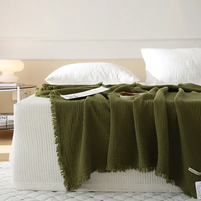 Simple Four Layer Gauze Tassel Blanket, Thin Summer Office Cover Blanket, Single and Double Full Cotton Blanket