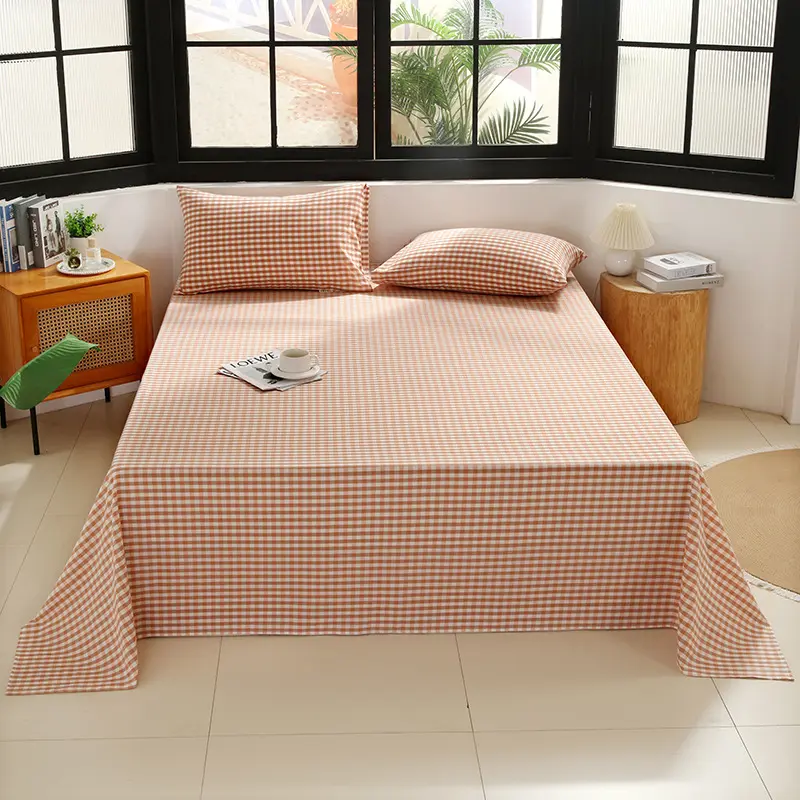 1pcs Simple Style Bed Sheet Machine Washable 100% Cotton Bedsheet Soft Skin Friendly Single Sheet with Breathable Stripe Plaid