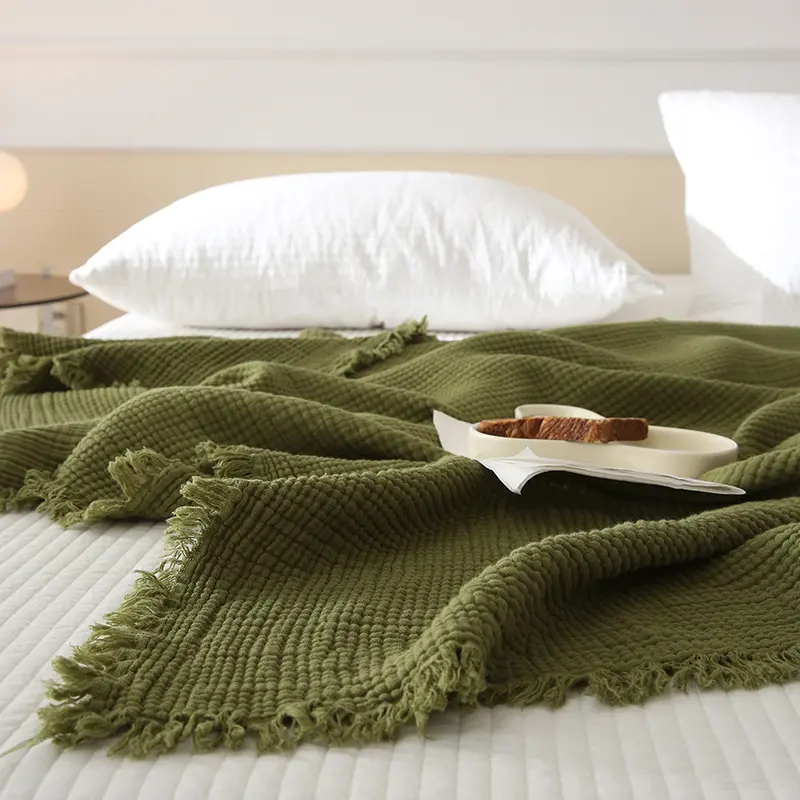 Simple Four Layer Gauze Tassel Blanket, Thin Summer Office Cover Blanket, Single and Double Full Cotton Blanket