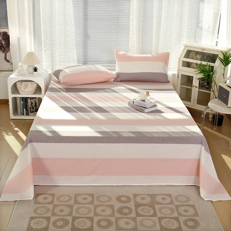 1pcs Simple Style Bed Sheet Machine Washable 100% Cotton Bedsheet Soft Skin Friendly Single Sheet with Breathable Stripe Plaid