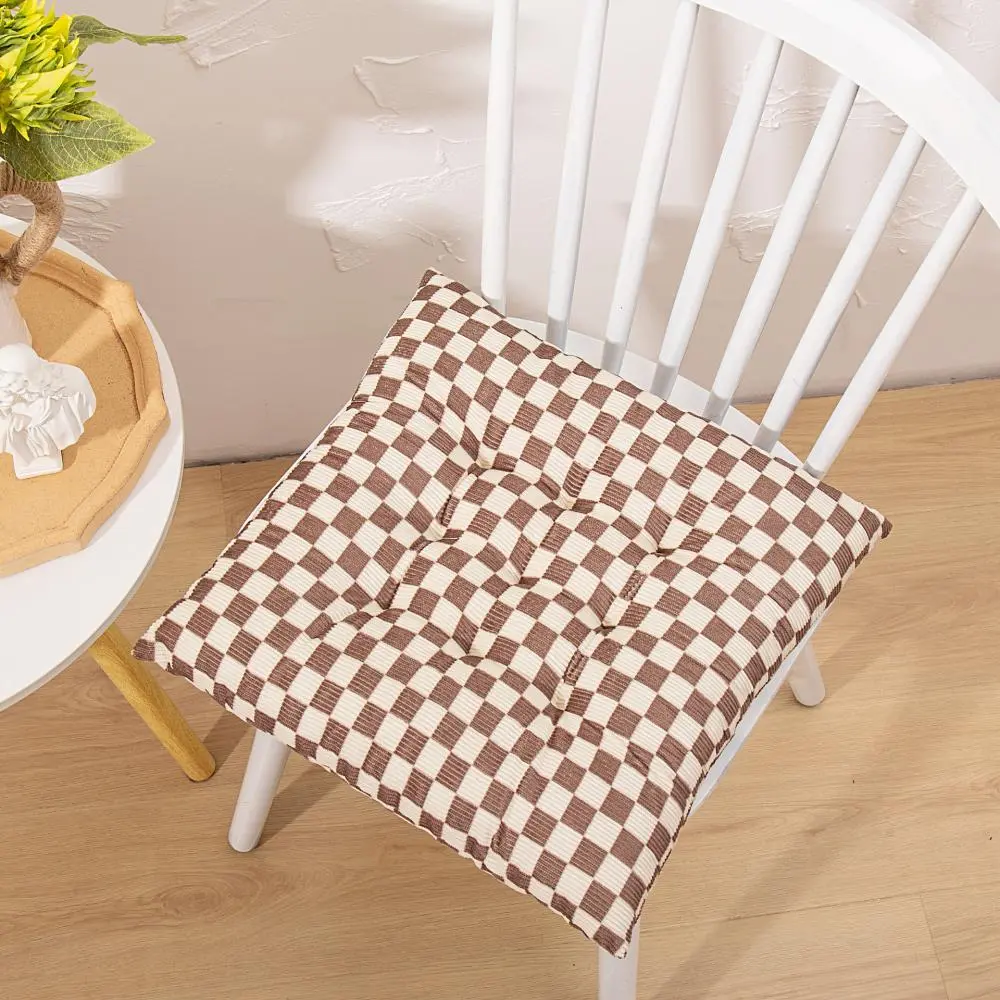 Checkered Corduroy Seat Cushion, Winter Thick Dining Chair Cushion with Strap, Simple Home Office Seat Back Cushion