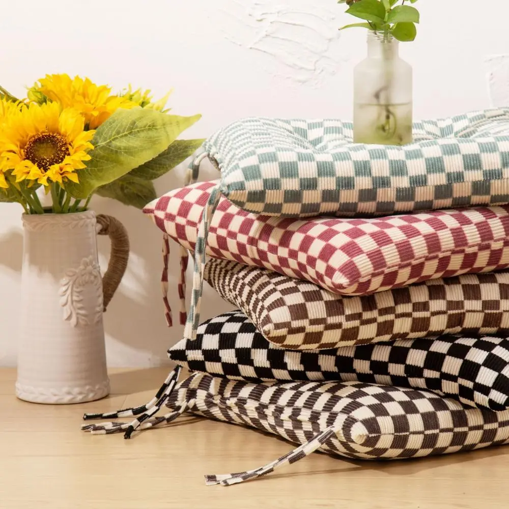 Checkered Corduroy Seat Cushion, Winter Thick Dining Chair Cushion with Strap, Simple Home Office Seat Back Cushion