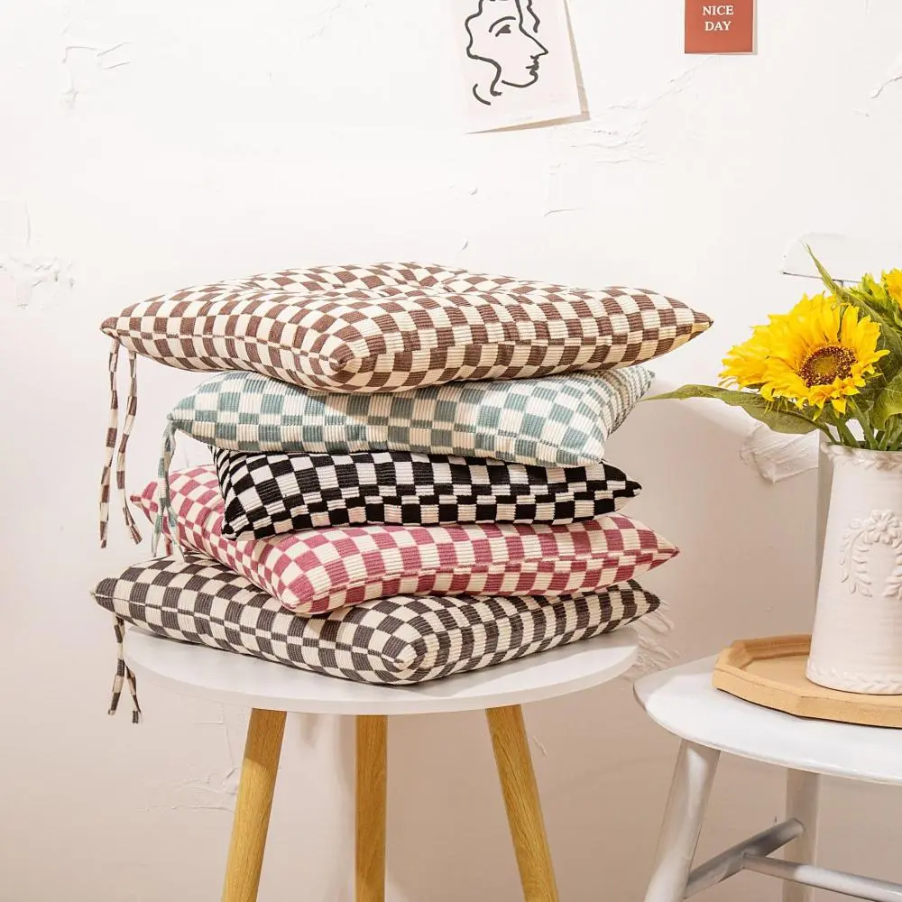 Checkered Corduroy Seat Cushion, Winter Thick Dining Chair Cushion with Strap, Simple Home Office Seat Back Cushion