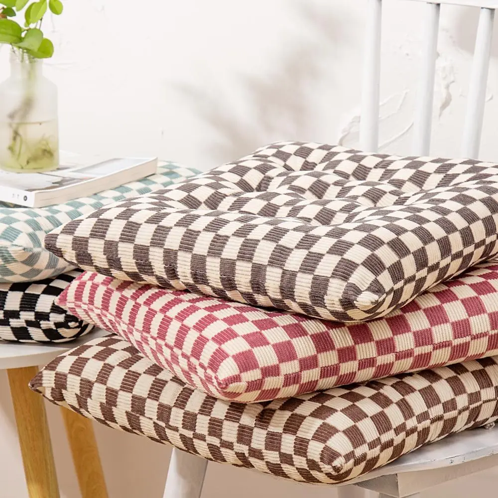 Checkered Corduroy Seat Cushion, Winter Thick Dining Chair Cushion with Strap, Simple Home Office Seat Back Cushion