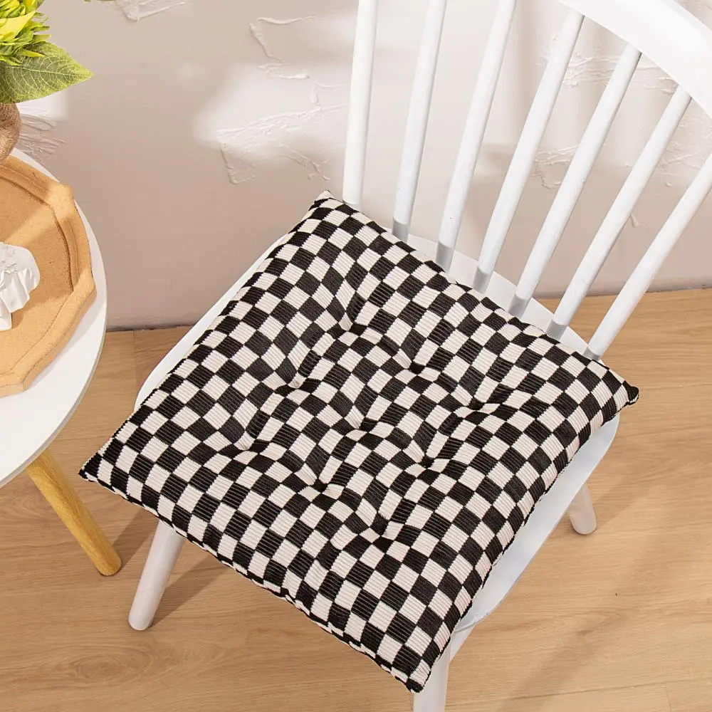Checkered Corduroy Seat Cushion, Winter Thick Dining Chair Cushion with Strap, Simple Home Office Seat Back Cushion