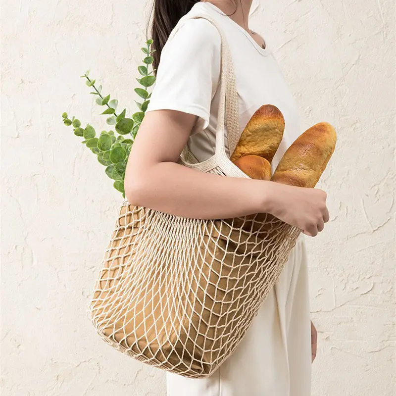 Cotton Portable Reusable Tote Bag Grocery Fruit Vegetable Mesh Bags Washable Supermarket Shopping Handbag Short Handle Net Tote