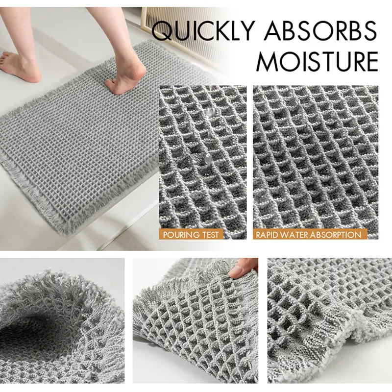 Microfiber Tassels Waffle Absorbent Bath Mat Soft Anti Slip Machine Washable Bathroom Door Mat Entrance Bedroom Solid Color Rug