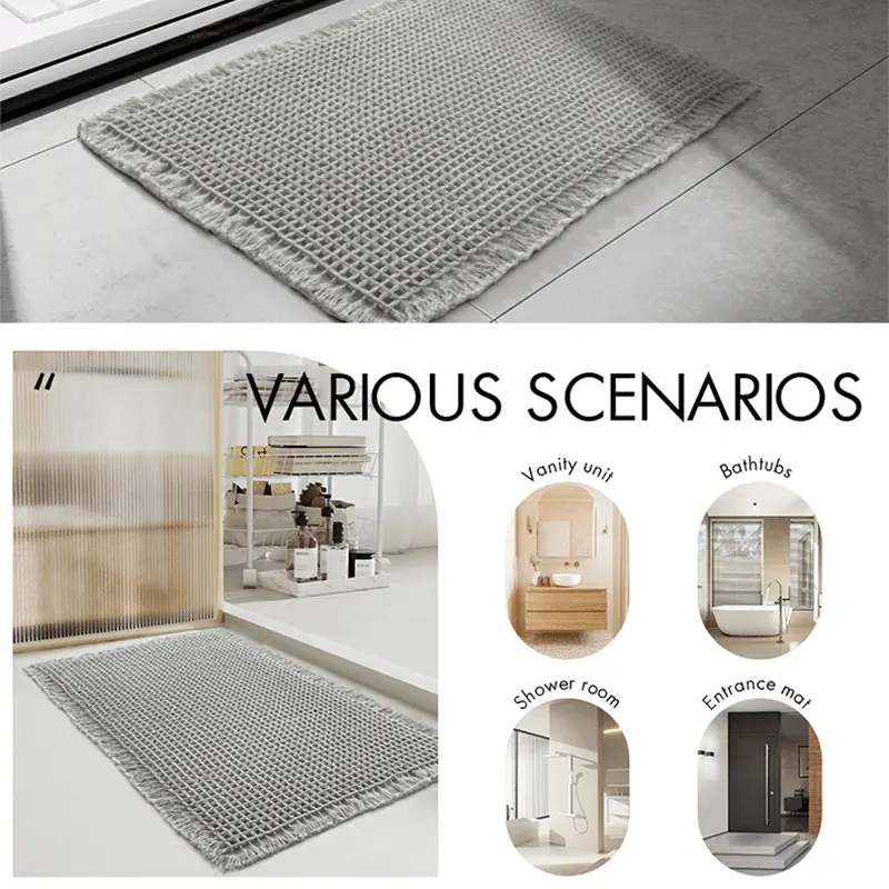 Microfiber Tassels Waffle Absorbent Bath Mat Soft Anti Slip Machine Washable Bathroom Door Mat Entrance Bedroom Solid Color Rug
