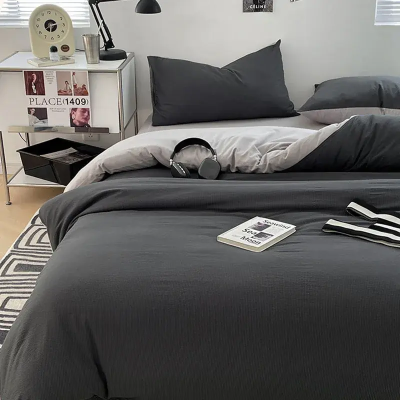 Solid Double-Sided Bubble Cotton Bed Four Piece Set Super Soft Naked Sleeping Duvet Cover Bed Sheet Single Double Bed Quilt Sets