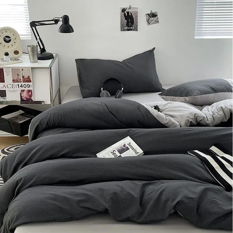 Solid Double-Sided Bubble Cotton Bed Four Piece Set Super Soft Naked Sleeping Duvet Cover Bed Sheet Single Double Bed Quilt Sets