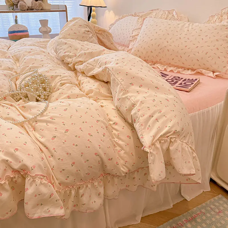 Korean Princess Style Floral Print Bedding Set Washed Cotton Comfortable Lace Duvet Cover Set Single Double Bedclothes for Girls