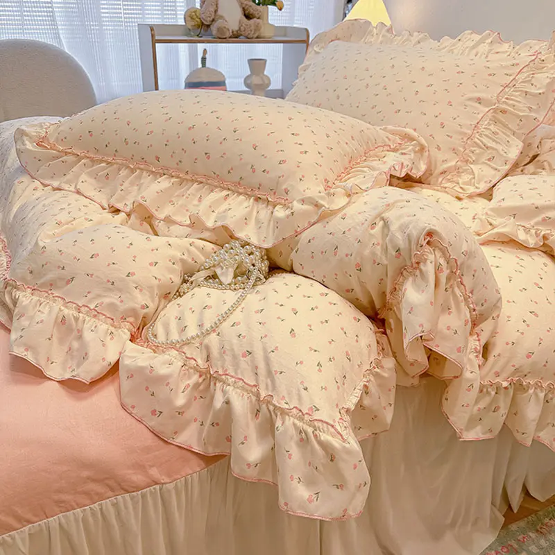 Korean Princess Style Floral Print Bedding Set Washed Cotton Comfortable Lace Duvet Cover Set Single Double Bedclothes for Girls