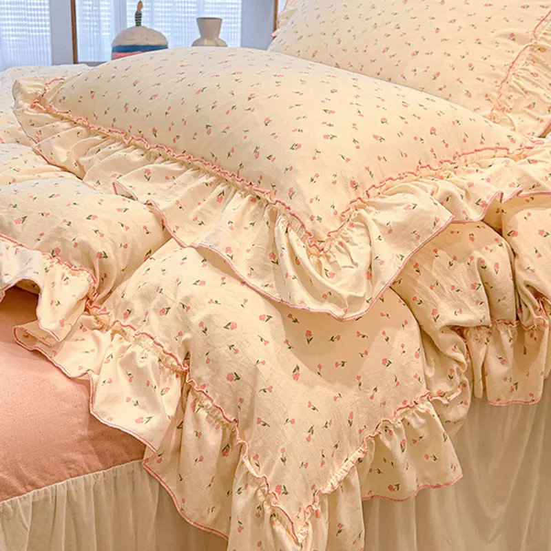 Korean Princess Style Floral Print Bedding Set Washed Cotton Comfortable Lace Duvet Cover Set Single Double Bedclothes for Girls
