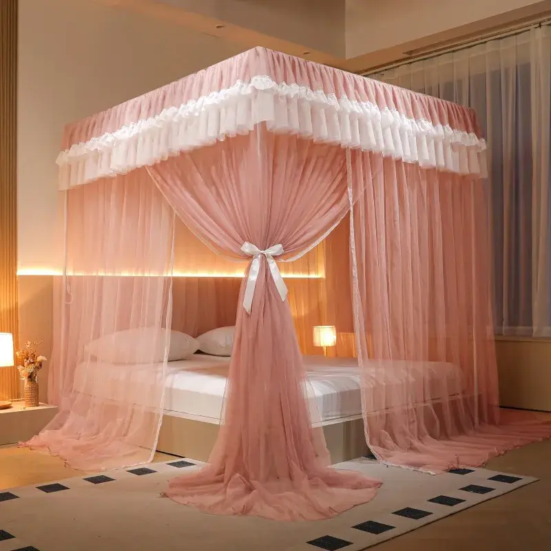 Korean Princess Square Top Floor Mosquito Nets Color Blocking Splicing Pleated Bed Curtain Bracket Three Door Fine Mesh Canopy