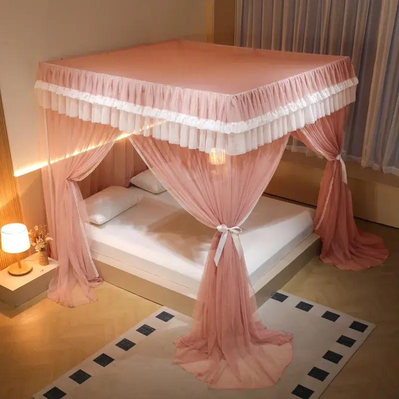 Korean Princess Square Top Floor Mosquito Nets Color Blocking Splicing Pleated Bed Curtain Bracket Three Door Fine Mesh Canopy