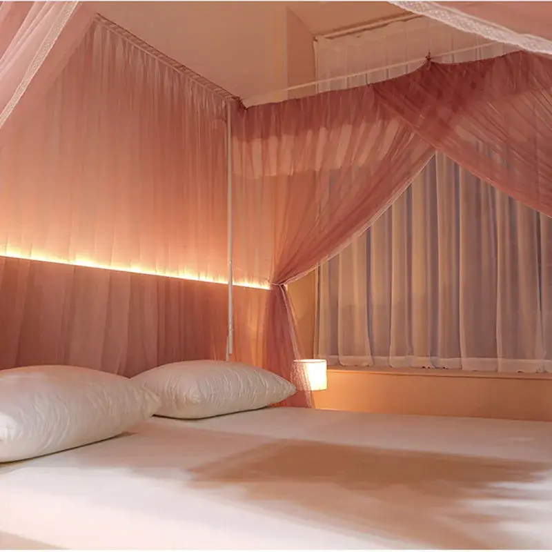 Korean Princess Square Top Floor Mosquito Nets Color Blocking Splicing Pleated Bed Curtain Bracket Three Door Fine Mesh Canopy
