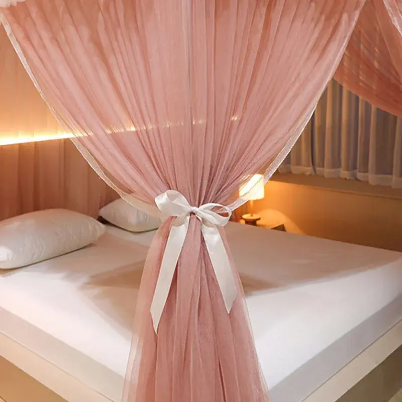 Korean Princess Square Top Floor Mosquito Nets Color Blocking Splicing Pleated Bed Curtain Bracket Three Door Fine Mesh Canopy