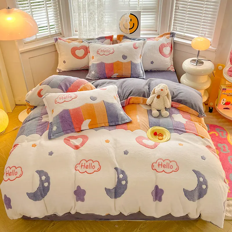 3Pcs Duvet Cover Set,1Pc Heart Print Thicken Winter Warm Duvet Cover with 2Pcs Pillowcases for Double Bed Funda Nordica Cama