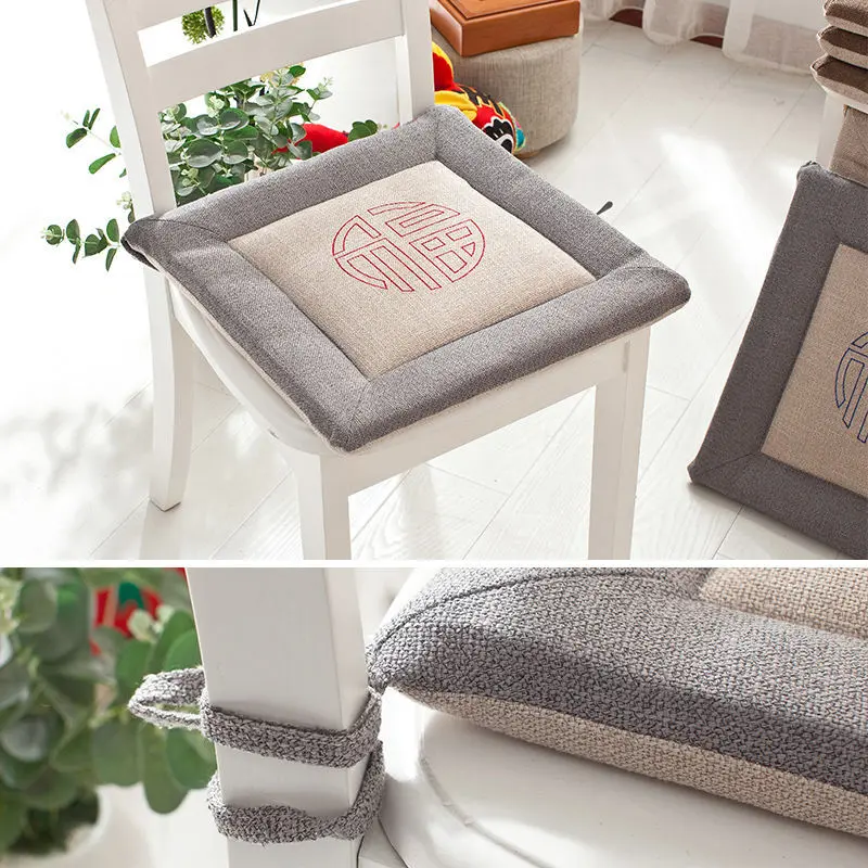 Japanese Four Season Linen Fabric Chair Cushion with Strap Comfortable Breathable Seat Cushion Non-slip Office Chair Cushions