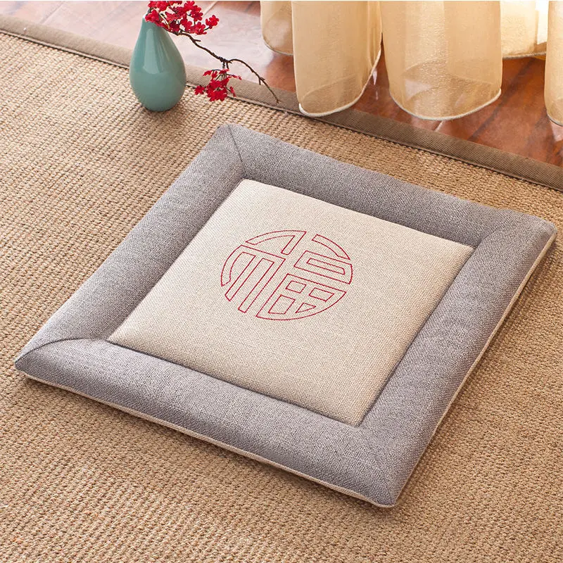 Japanese Four Season Linen Fabric Chair Cushion with Strap Comfortable Breathable Seat Cushion Non-slip Office Chair Cushions