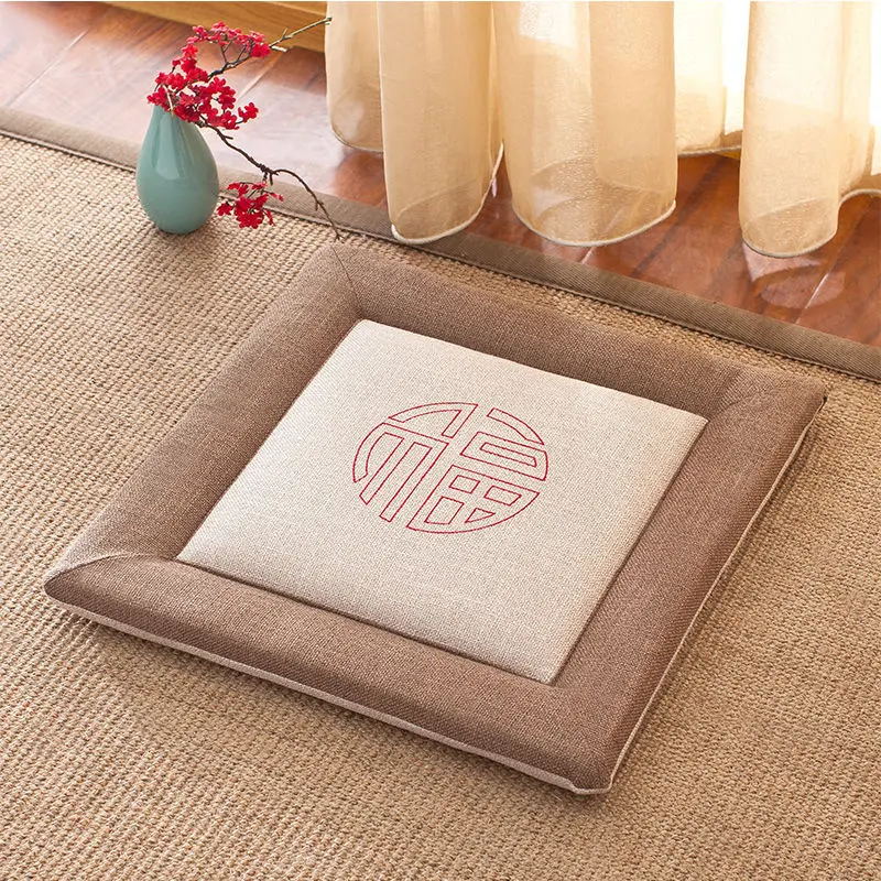 Japanese Four Season Linen Fabric Chair Cushion with Strap Comfortable Breathable Seat Cushion Non-slip Office Chair Cushions