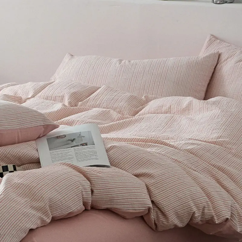 Japanese Pure Cotton Striped Jacquard Bedding Set Soft Jacquard Solid Color Duvet Cover Fitted Sheet Pillowcase King Queen Size