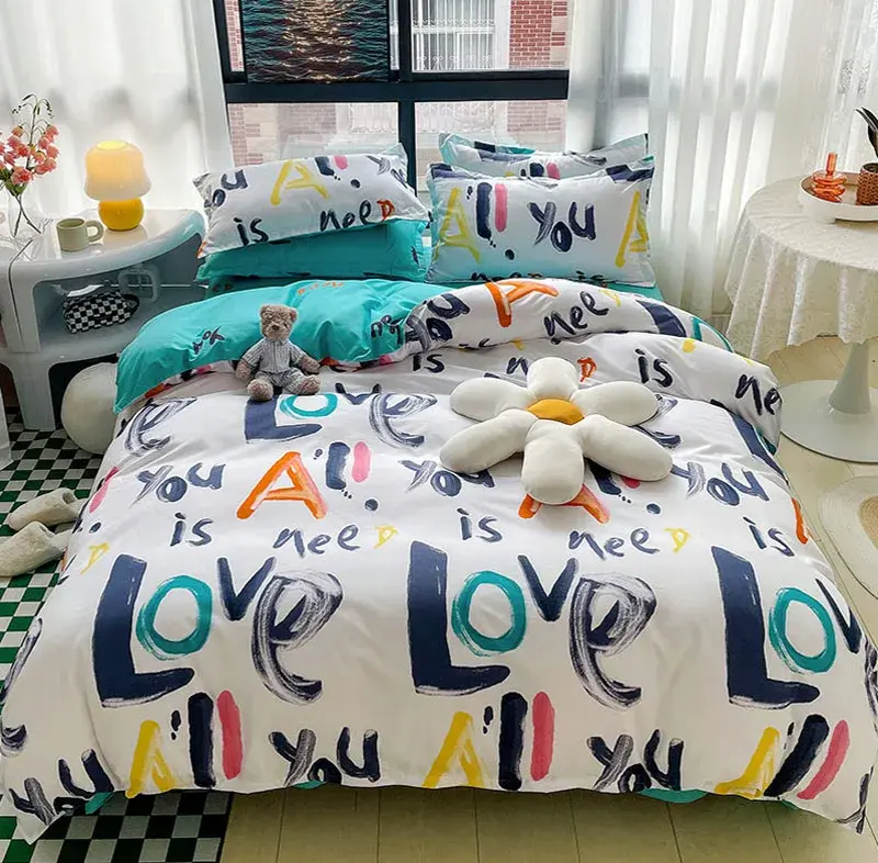 Nordic Style Letter Print Soft Bedding Sets Single or Double/king Queen Size Bedclothes Machine-Wash Non Pilling Comforter Kit