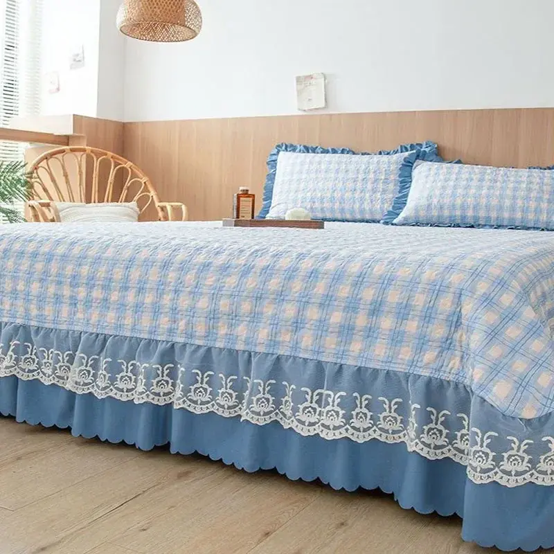 Oversized Grid Printed Bed Skirt Style Pad Cover Skin Friendly Mat Topper with Lace Edge Wash Cotton Breathable Single Mattress