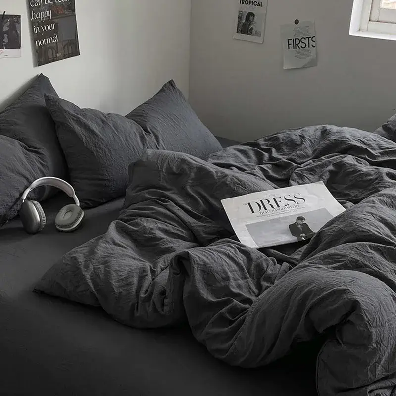 Solid Sleep Naked Washed Cotton Fabric 4Pcs Bedclothes Light Bed Sheet Duvet Cover with Zipper Soft Snug Bed Liner for Adults
