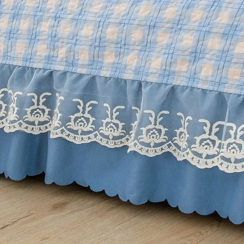 Oversized Grid Printed Bed Skirt Style Pad Cover Skin Friendly Mat Topper with Lace Edge Wash Cotton Breathable Single Mattress