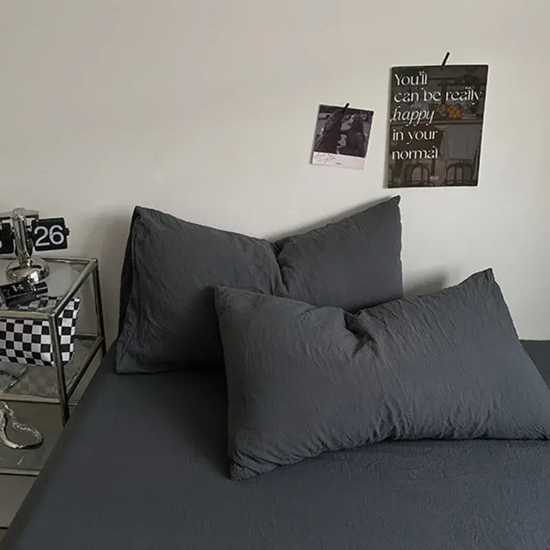 Solid Sleep Naked Washed Cotton Fabric 4Pcs Bedclothes Light Bed Sheet Duvet Cover with Zipper Soft Snug Bed Liner for Adults
