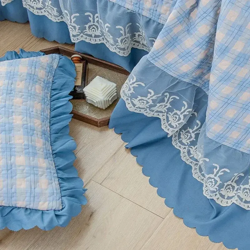 Oversized Grid Printed Bed Skirt Style Pad Cover Skin Friendly Mat Topper with Lace Edge Wash Cotton Breathable Single Mattress