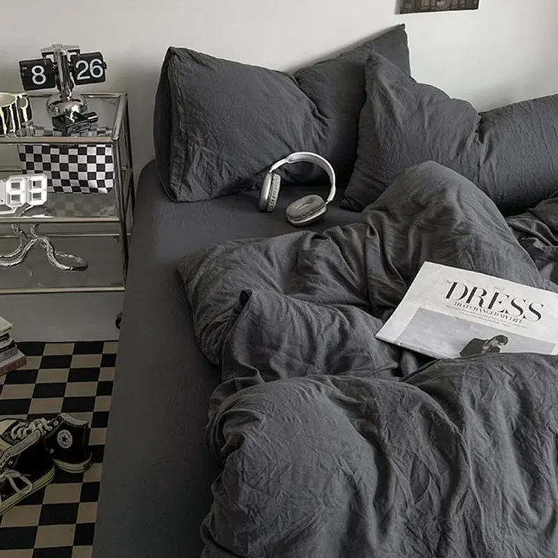 Solid Sleep Naked Washed Cotton Fabric 4Pcs Bedclothes Light Bed Sheet Duvet Cover with Zipper Soft Snug Bed Liner for Adults