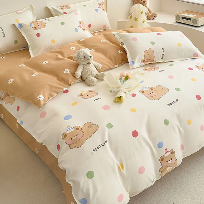 Class A Flower Print Brushed Bedding Set 4Pcs Thick Washed Cotton Cozy Bed Sheet Set Skin Friendly Soft Bed Kit for Home