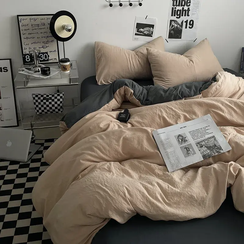 Solid Sleep Naked Washed Cotton Fabric 4Pcs Bedclothes Light Bed Sheet Duvet Cover with Zipper Soft Snug Bed Liner for Adults