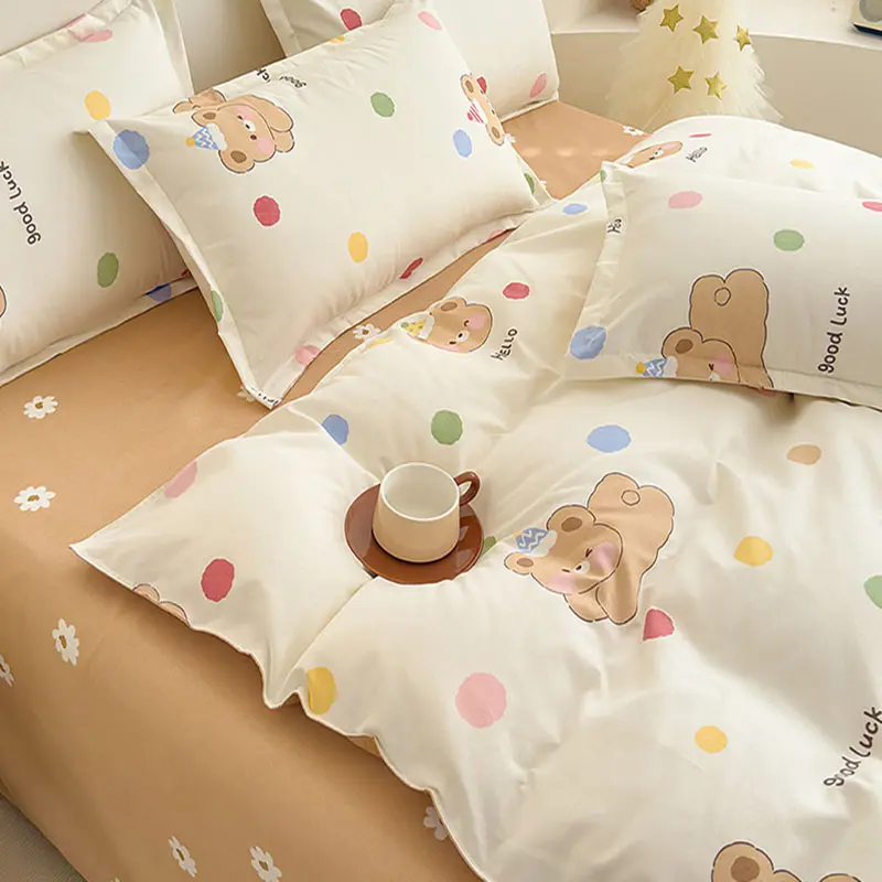 Class A Flower Print Brushed Bedding Set 4Pcs Thick Washed Cotton Cozy Bed Sheet Set Skin Friendly Soft Bed Kit for Home