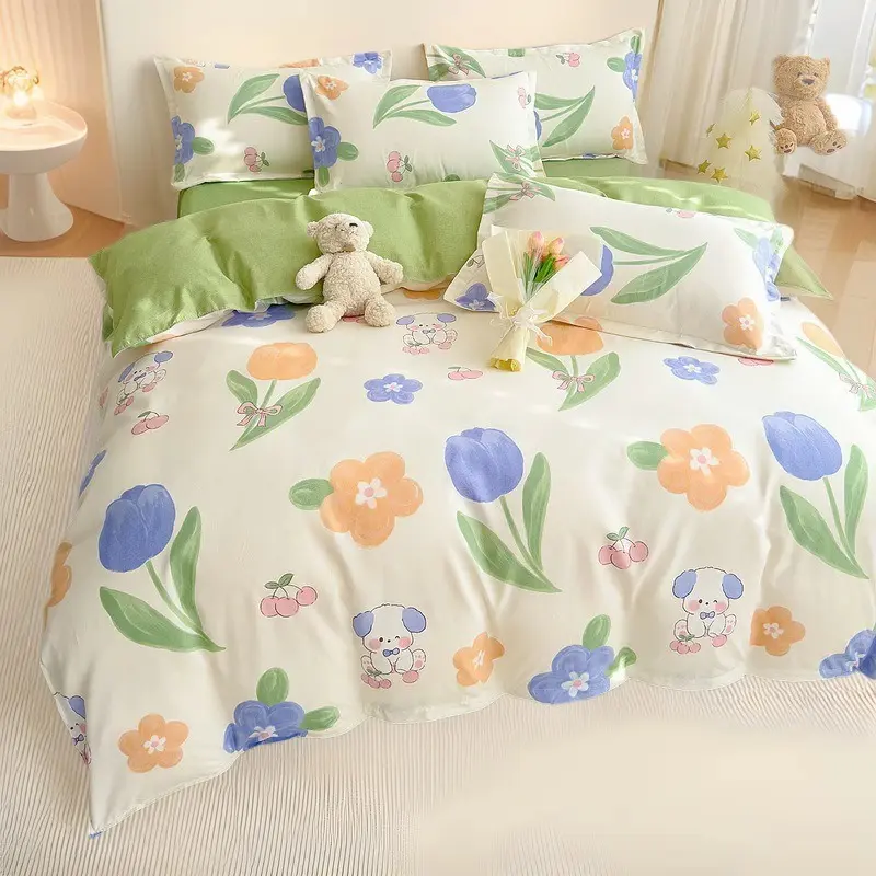 Class A Flower Print Brushed Bedding Set 4Pcs Thick Washed Cotton Cozy Bed Sheet Set Skin Friendly Soft Bed Kit for Home