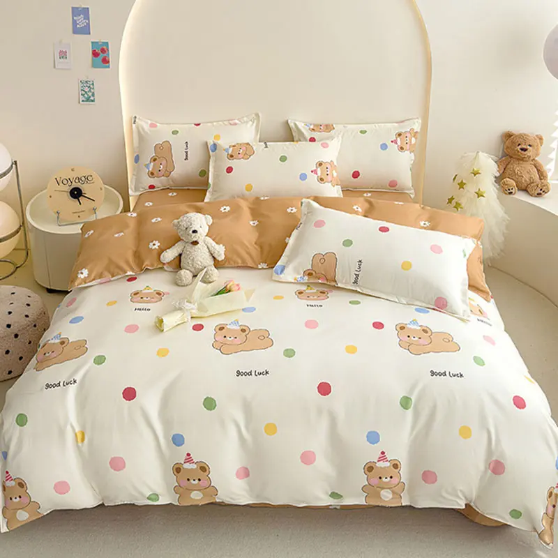Class A Flower Print Brushed Bedding Set 4Pcs Thick Washed Cotton Cozy Bed Sheet Set Skin Friendly Soft Bed Kit for Home