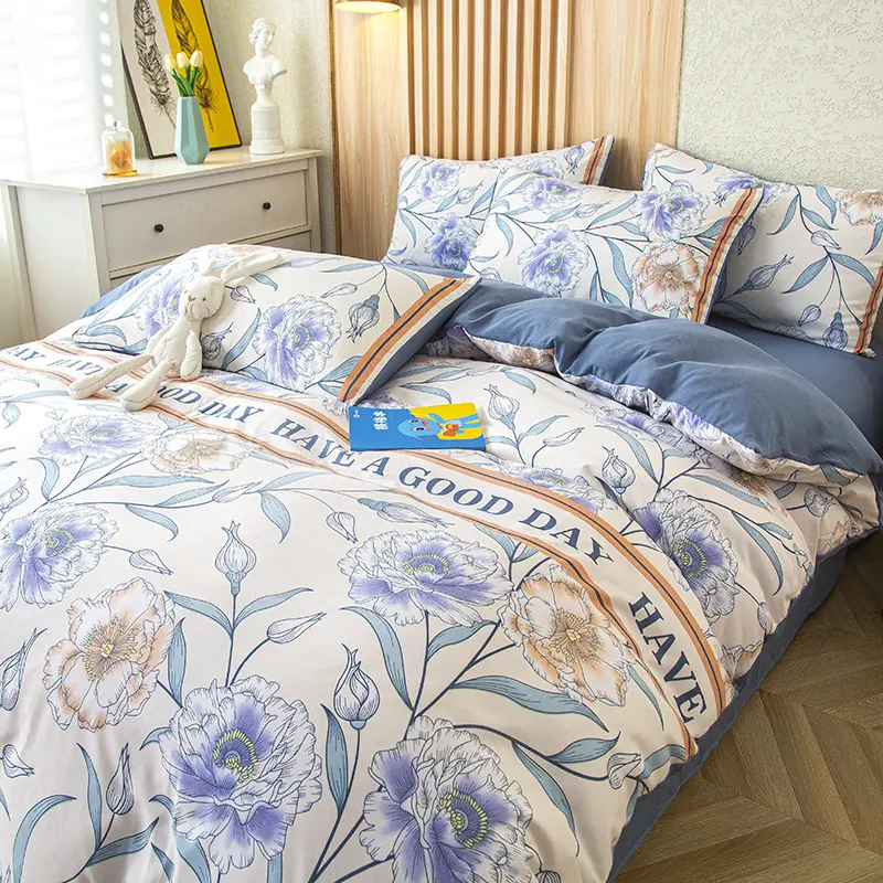 Pastoral Plant Flower Print Bedding Set Skin-Friendly Colorfast Quilt Sets for Autumn Home Bedroom Dormitory Fitted Sheet Kit