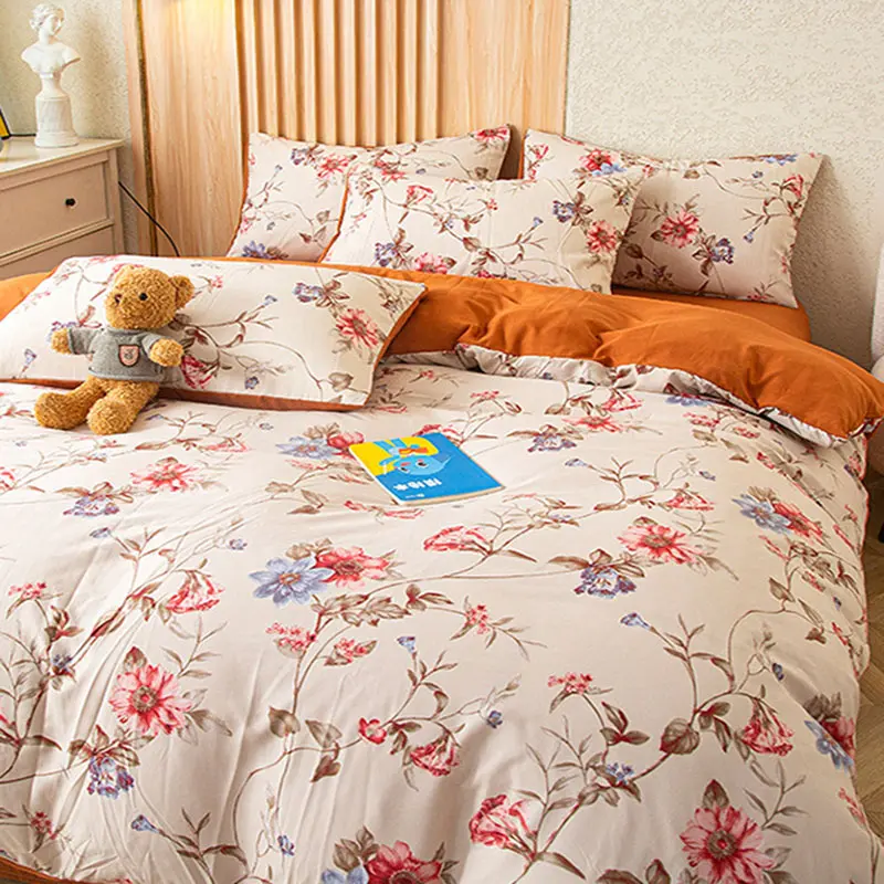 Pastoral Plant Flower Print Bedding Set Skin-Friendly Colorfast Quilt Sets for Autumn Home Bedroom Dormitory Fitted Sheet Kit